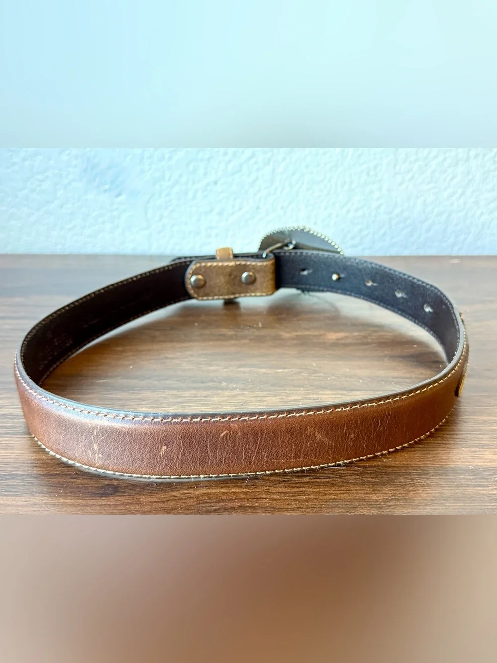 Women's Tan Leather Belt with Ornate Silver Western Buckle Size 24